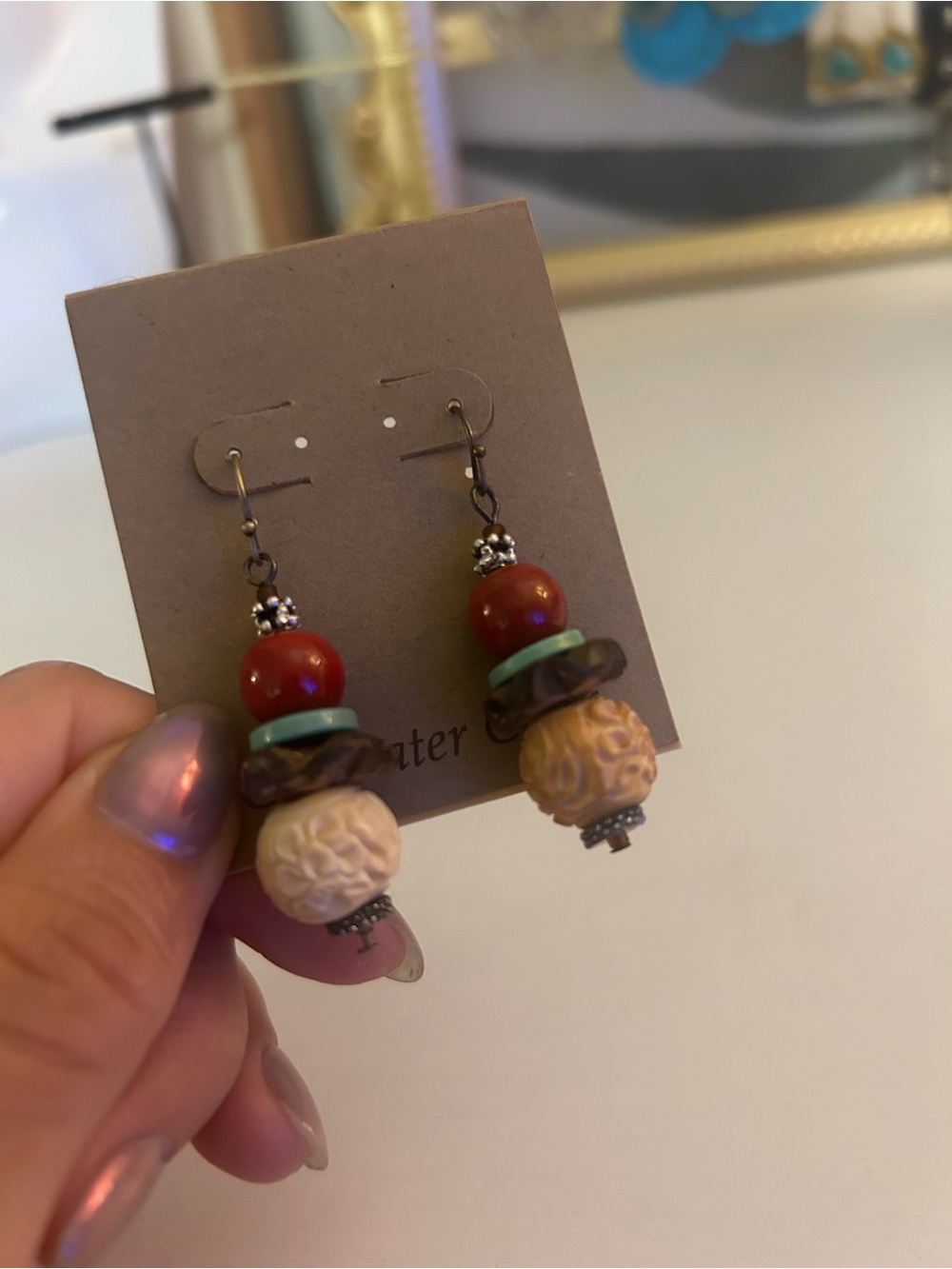 Coldwater Creek Red, Turquoise & Cream Beaded Drop Earrings